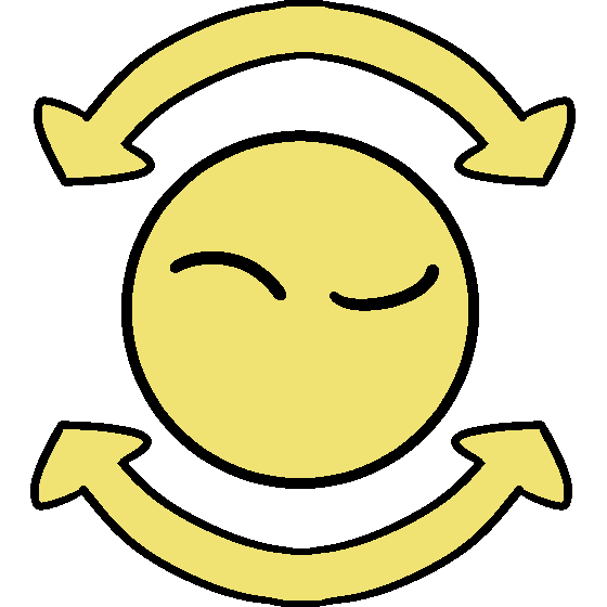 A yellow circle with a confused look and double headed curved arrows above and below it.
